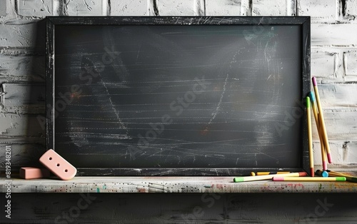 Empty chalkboard with assorted chalk sticks and an eraser on the ledge. photo