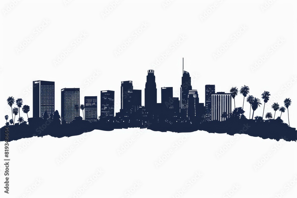 Fototapeta premium Los Angeles skyline silhouette with palm trees in foreground, modern cityscape illustration on white background