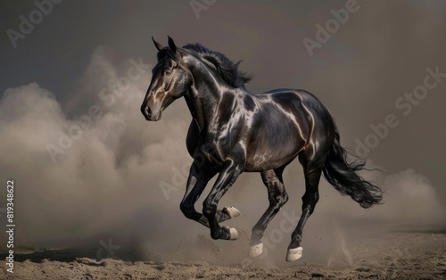 Majestic black horse prancing in a cloud of dust against a dark background.