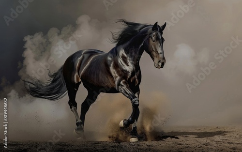 Majestic black horse prancing in a cloud of dust against a dark background.