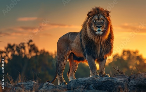 Majestic lion stands on rocky outcrop at sunset in savannah.