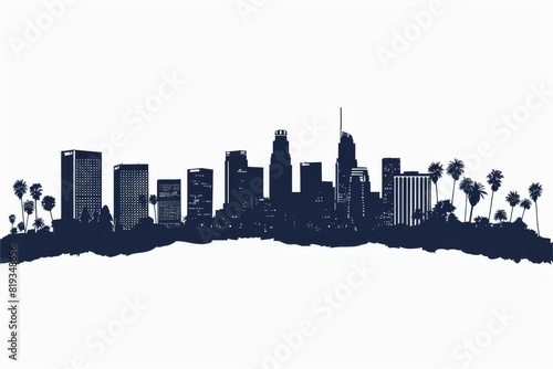 Los Angeles skyline silhouette with palm trees in foreground, modern cityscape illustration on white background