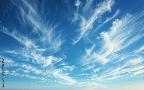 Expansive blue sky with delicate wispy clouds.