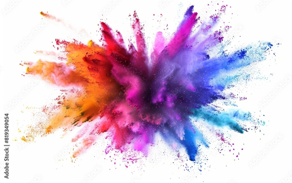 Explosion of vibrant multicolored powder on a white background.