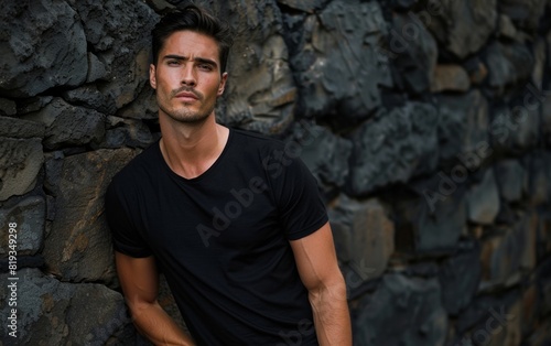 Man in black t-shirt leaning casually against a dark stone wall.