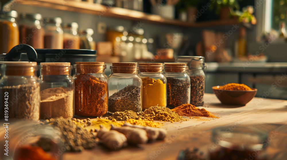 Wooden Table With Jars of Various Spices