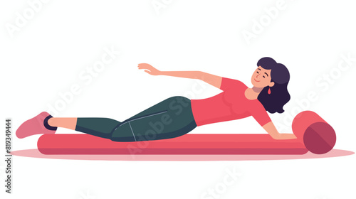 Woman doing exercises with foam roller lying on mat