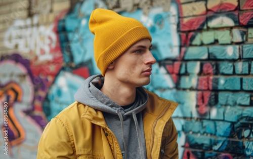 Man in yellow beanie and jacket against a graffiti wall.