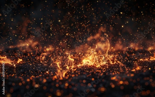 Fiery ember sparks dance across a dark, ominous background. photo