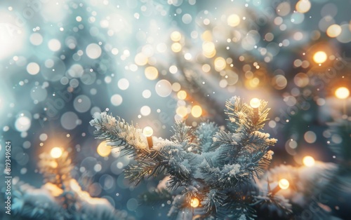 Fir branches dusted with snow, glowing softly with golden lights. © maly