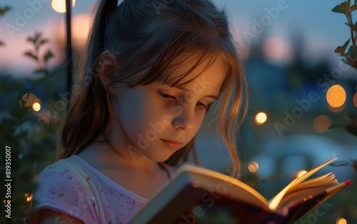 Young girl engrossed in reading a book outdoors at dusk.