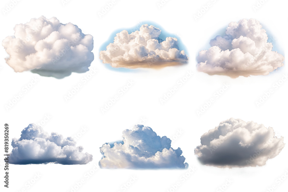 A set of six different clouds in various stages of development, PNG with transparent background, AI A set of six different clouds in various stages of development, PNG with transparent background, AI