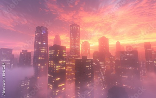 Misty cityscape at dawn with glowing skyscrapers under a vibrant sky.