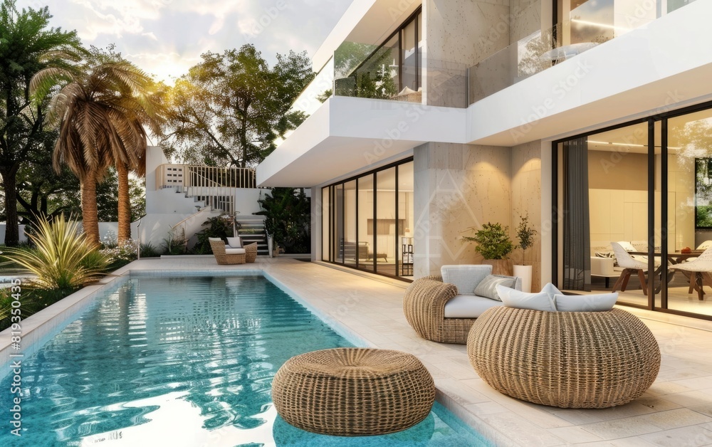 Modern house with pool and wicker patio furniture.