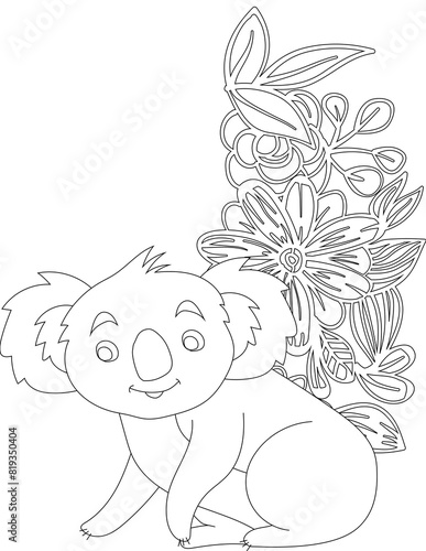 Koala and A Floral Vine Coloring Page. Printable Coloring Worksheet for Adults and Kids. Educational Resources for School and Preschool.
