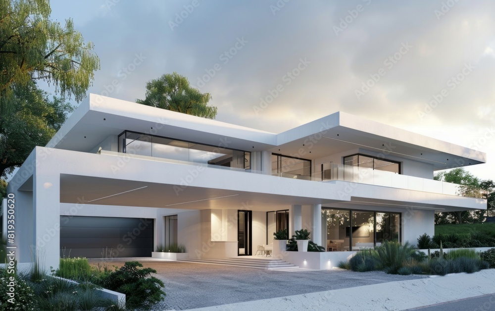 Modern white house with a flat roof and large garage.