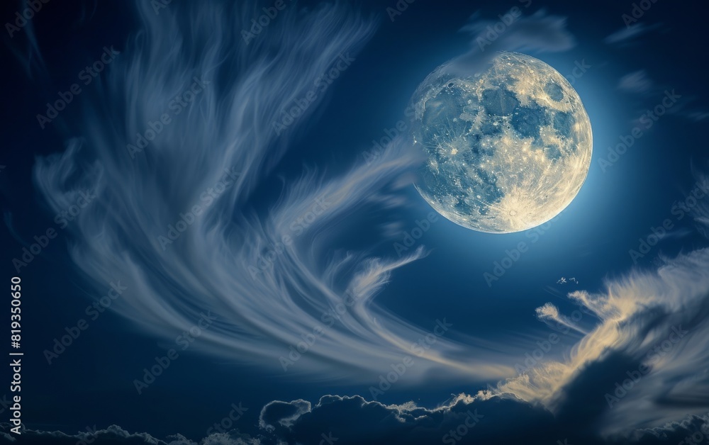 Full moon illuminates through wispy clouds in a dark blue sky.