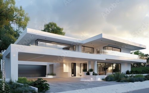 Modern white house with a flat roof and large garage. © Tui