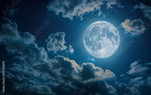 Full moon illuminates through wispy clouds in a dark blue sky.