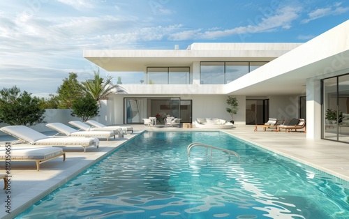 Modern white villa with sun loungers by a turquoise pool. © Tui
