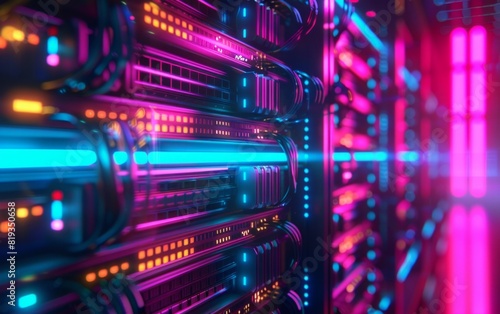 Futuristic digital server network illuminated by vibrant neon lights.