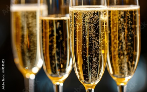 Glasses of sparkling champagne elegantly aligned with bubbles rising. photo
