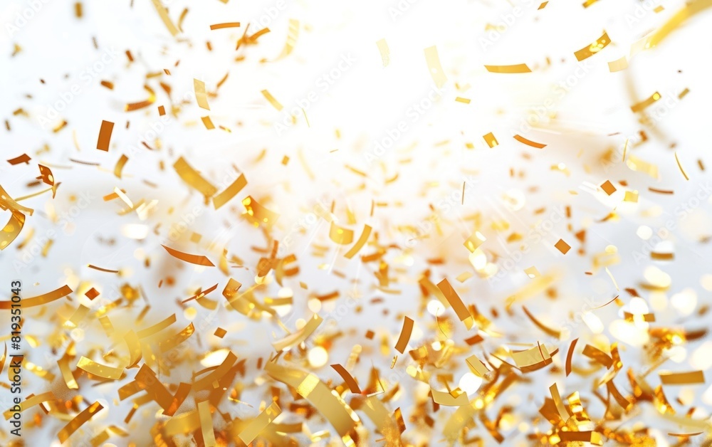 Golden confetti flakes falling against a bright white background.