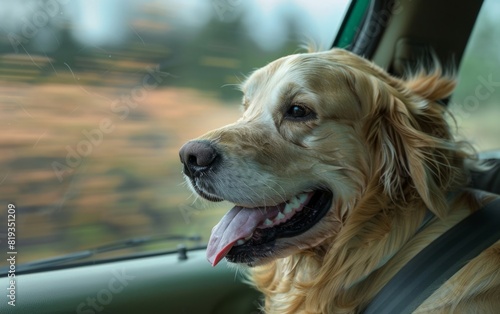 Golden retriever enjoys a car ride, head out the window, tongue out.