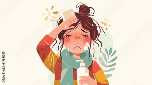 Woman having flu fever pressing cold compress ice p photo