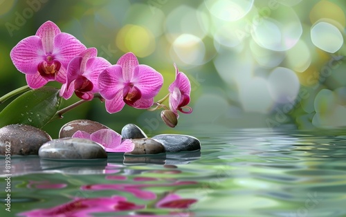 Pink orchids and smooth stones over rippling water with a soft green background.