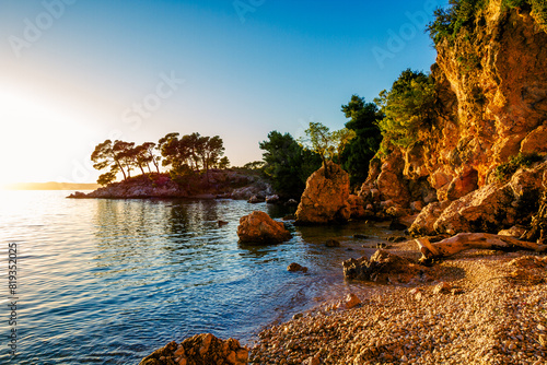 Sunset Over Rocky Coastline with Pine Trees