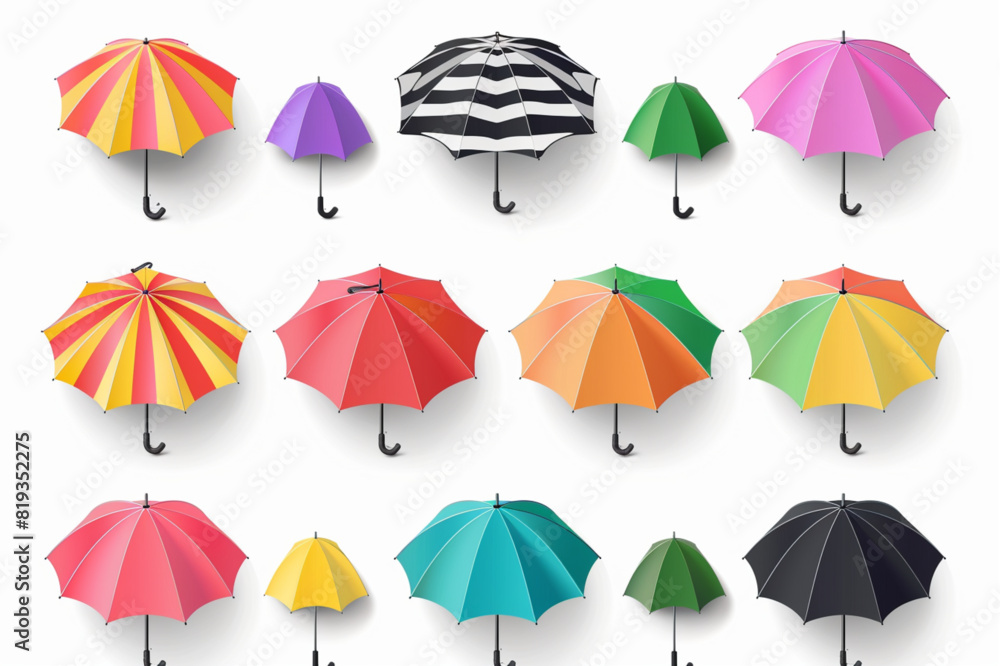 Summer resort beach and swimming pool colorful umbrella for sun protection set isolated on white set vector icon, white background, black colour icon