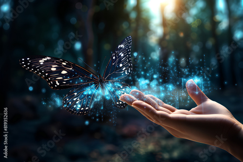 Biosensor Technology Concept. New Experiences with Metaverse, Web3 and Blockchain. Hands Interact with Butterflies Computer Graphics Surrealism through Biosensors photo