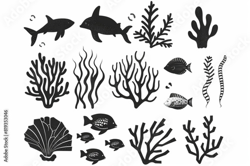 Underwater design elements set vector icon, white background, black colour icon