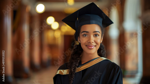 Confident black female graduate with a bright smile in hall