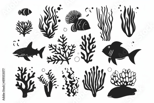 Underwater design elements set vector icon, white background, black colour icon