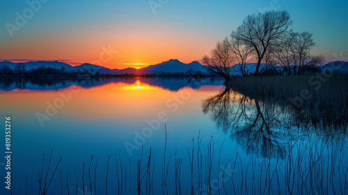 A beautiful sunset over a lake with a tree in the foreground