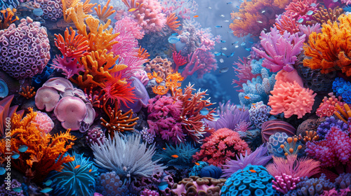 A colorful coral reef with many different types of sea creatures