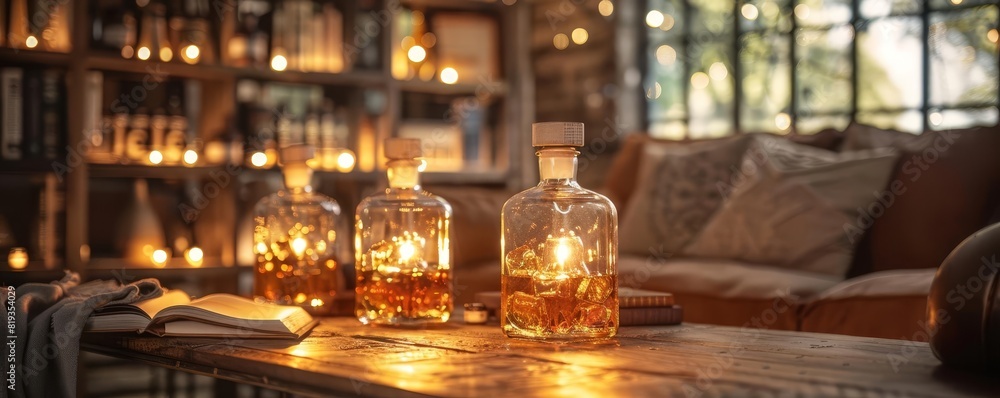 A group of elegant whiskey bottles converted into lamps, casting a soft light over a reading nook A group of elegant whiskey bottles converted into lamps, casting a soft light over a reading nook