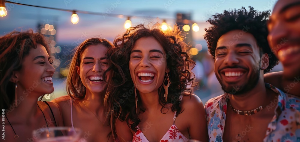 A group of friends laughing together at a rooftop party, with a city skyline in the background