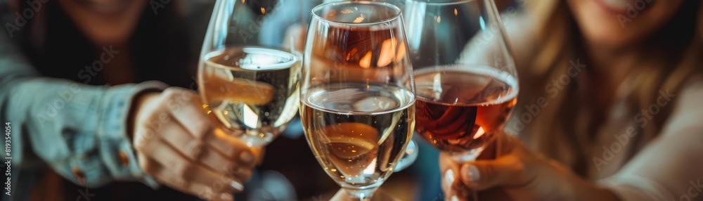 Fototapeta premium A group of friends toasting with glasses of wine, with one person appearing noticeably more intoxicated