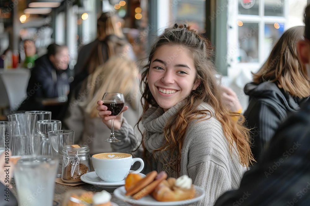 A group of students at a cafe celebrating with coffee and desserts after the last day of their exams A group of students at a cafe celebrating with coffee and desserts after the last day of their exams