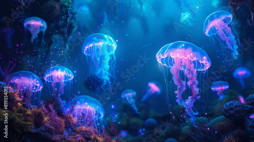 A group of jellyfish are floating in the ocean