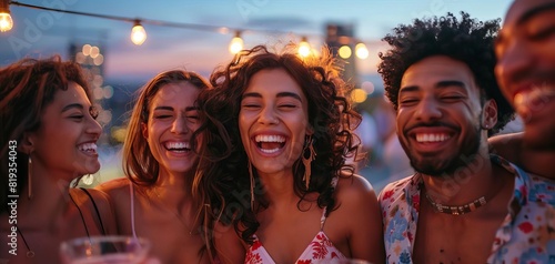 A group of friends laughing together at a rooftop party, with a city skyline in the background