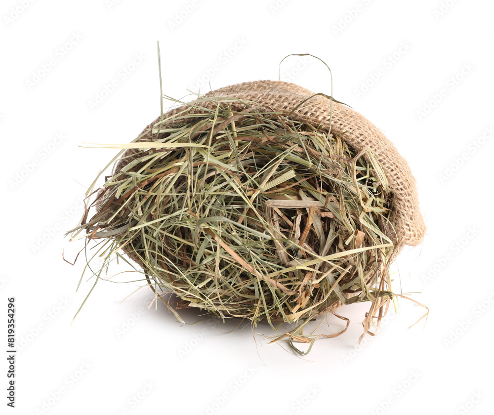 Obraz premium Dried hay in burlap sack isolated on white