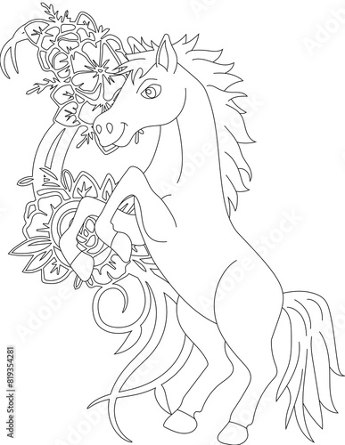 Horse and A Floral Vine Coloring Page. Printable Coloring Worksheet for Adults and Kids. Educational Resources for School and Preschool.