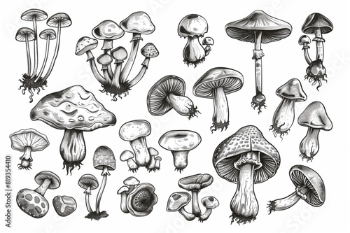 Vector mushrooms and forest symbols on a white background. Set of vector hand-drawn, doodles mushrooms. Icons isolated on white backgroun for recipes, design menu, packages. Vector design elements