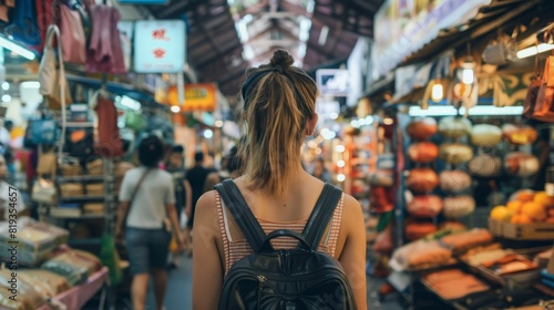 woman exploring a bustling market in Asia