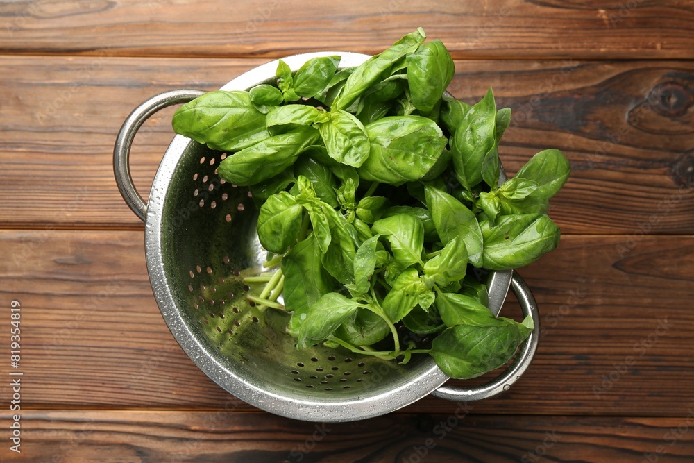 Metal colander with fresh basil leaves on wooden table, top view Metal colander with fresh basil leaves on wooden table, top view