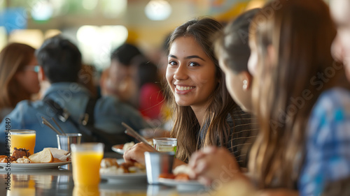 A young woman is smiling at the camera while sitting with her friends at a bustling cafeteria table, surrounded by the vibrant atmosphere of a communal dining space - Generative AI